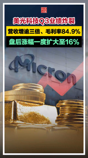 美光科技Q3业绩炸裂，营收增逾三倍、毛利率84.9%，盘后涨幅一度扩大至16%#美光科技