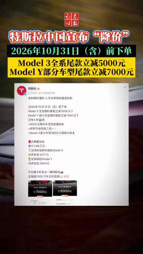 特斯拉中国宣布“降价” 2026年10月31日（含）前下单 ，Model 3全系尾款立减5000元；Model Y部分车型尾款立减7000元